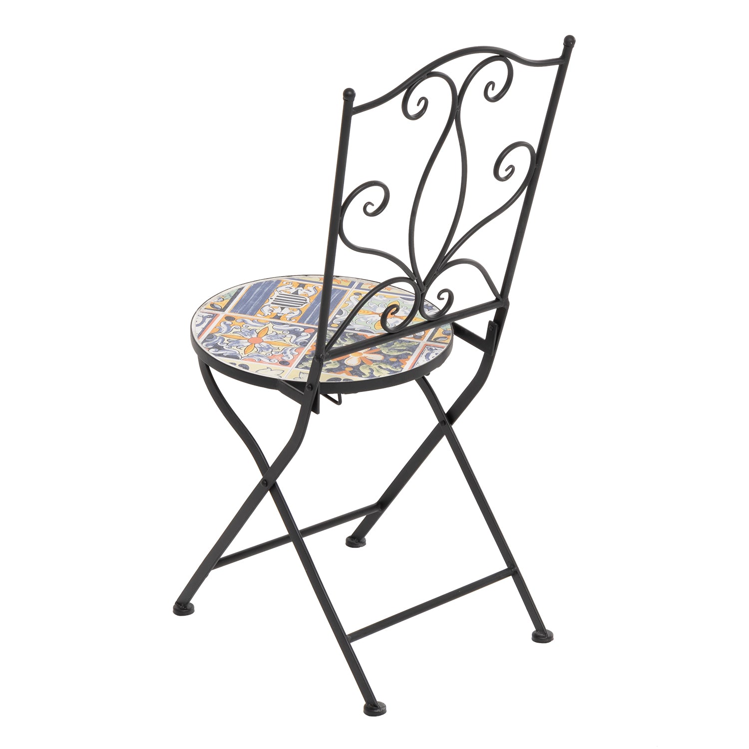 VESTIAMO CASA GIARDINO - Set giardino Bistrot tavolo rotondo 60 cm e 2 sedie in metallo Nero e Top in ceramica Effetto Mosaico Multicolor